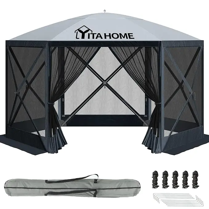 YITAHOME 11.5x11.5ft Portable Pop Up Camping Gazebo - 6-Sided Screen Tent with Mesh Windows, Support Rods, Zipper, Velcro, Sun Protection, Carry Bag | Sunshade Canopy for Backyard Parties, Picnic