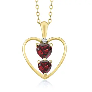 18K Yellow Gold Plated Silver Red Garnet and White Lab Grown Diamond Pendant Necklace For Women (0.94 Cttw, Gemstone January Birthstone, Heart 5MM and 4MM, with 18 Inch Silver Chain)