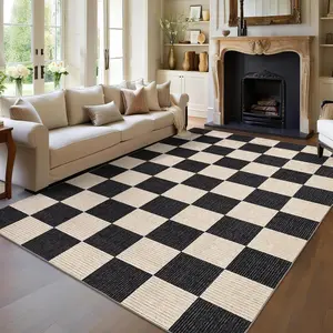 Garvee Large 8x10 Non-Slip Modern Plaid Dining Room Rug, Machine Washable Checkerboard Carpet, Foldable Ultra-Thin Floor Mat for Living Room, Bedroom, Office in Camel Black