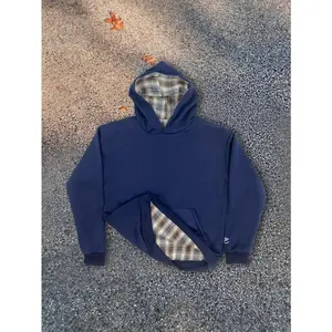 Y2K Retro Navy Plaid Hoodie - Unisex Front & Back Print Long Sleeve All-Season Casual Streetwear