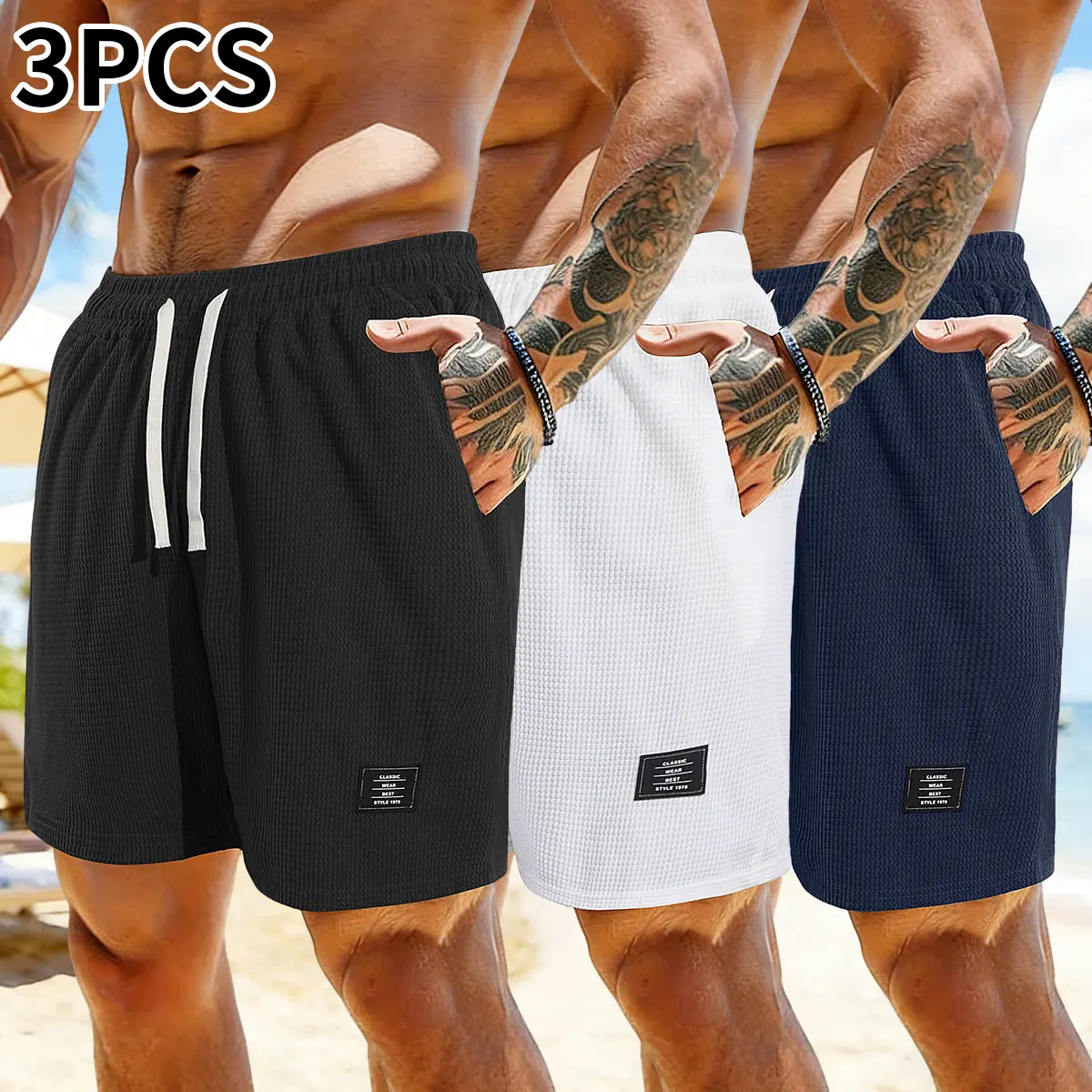 Menswear Men's Shorts (Pack of 3) - Men's Casual Corduroy Shorts, Solid Color, Side Pockets, Elastic Drawstring Waistband, Suitable for Everyday Wear, Vacations, Activewear