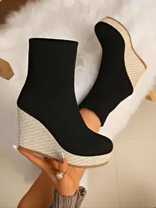Women's Wedge Heel Elastic Pull on Boots, Comfortable Tight-Fitting Ankle Booties, High Platform Knitted Fabric Shoes for Fall/winter Fashion