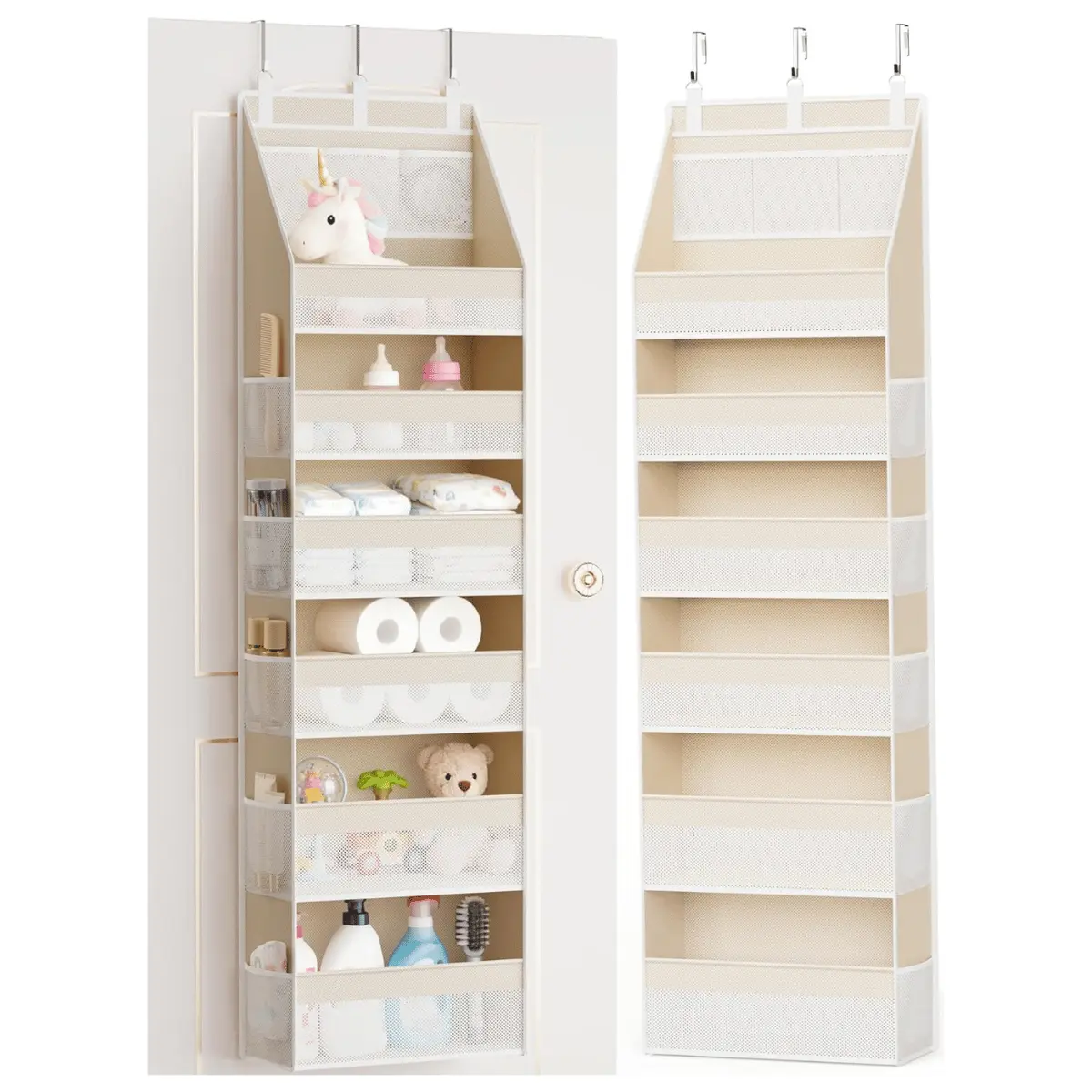 Over the Door Hanging Desk Organizer - 6-Shelf, 13 Mesh Pockets, 55lbs Capacity, Beige for Office Stationery Storage, Bedroom, Bathroom