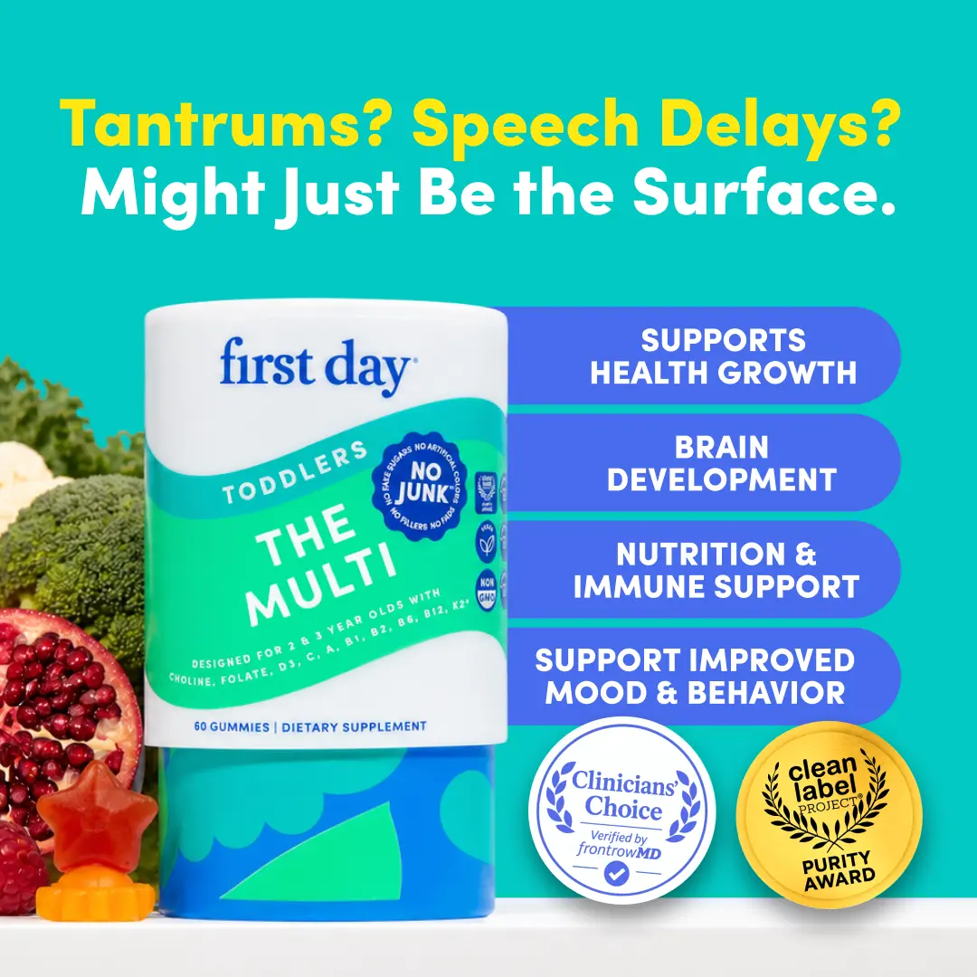 First Day Toddler Multivitamin Gummies Ages 2-3, Natural Strawberry Orange Flavor — 21 Organic Superfoods, 10 Key Nutrients, Vitamin C D3 B12 Choline — Immunity, Brain Development, Energy, Eye Health — 30-Day Supply, Vegan, Non-GMO, No Junk