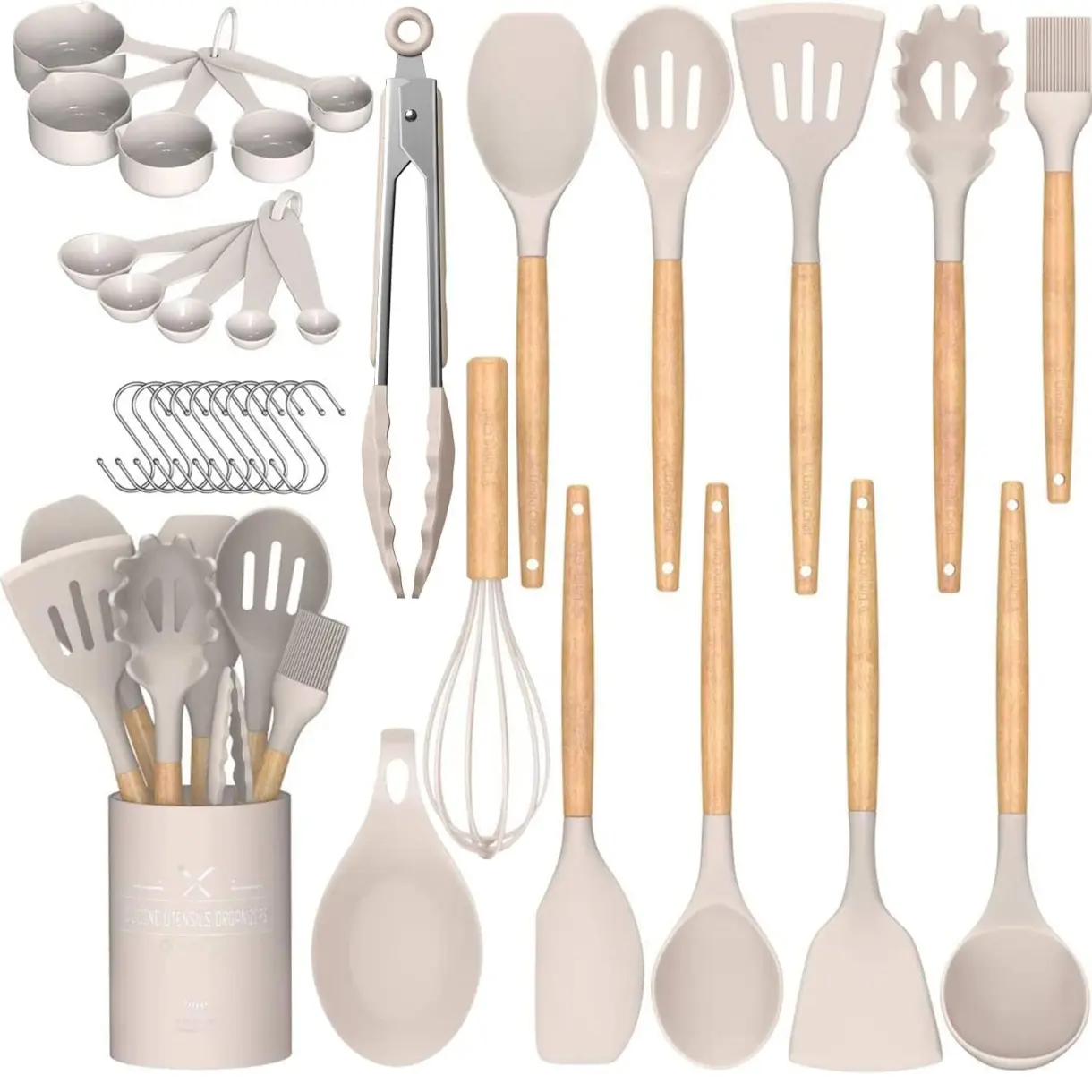 Kitchen Cooking Utensils Set, 33 pcs Non-Stick Silicone Cooking Kitchen Utensils Spatula Set with Holder, Wooden Handle Silicone Kitchen Gadgets Utensil Set (Khaki)