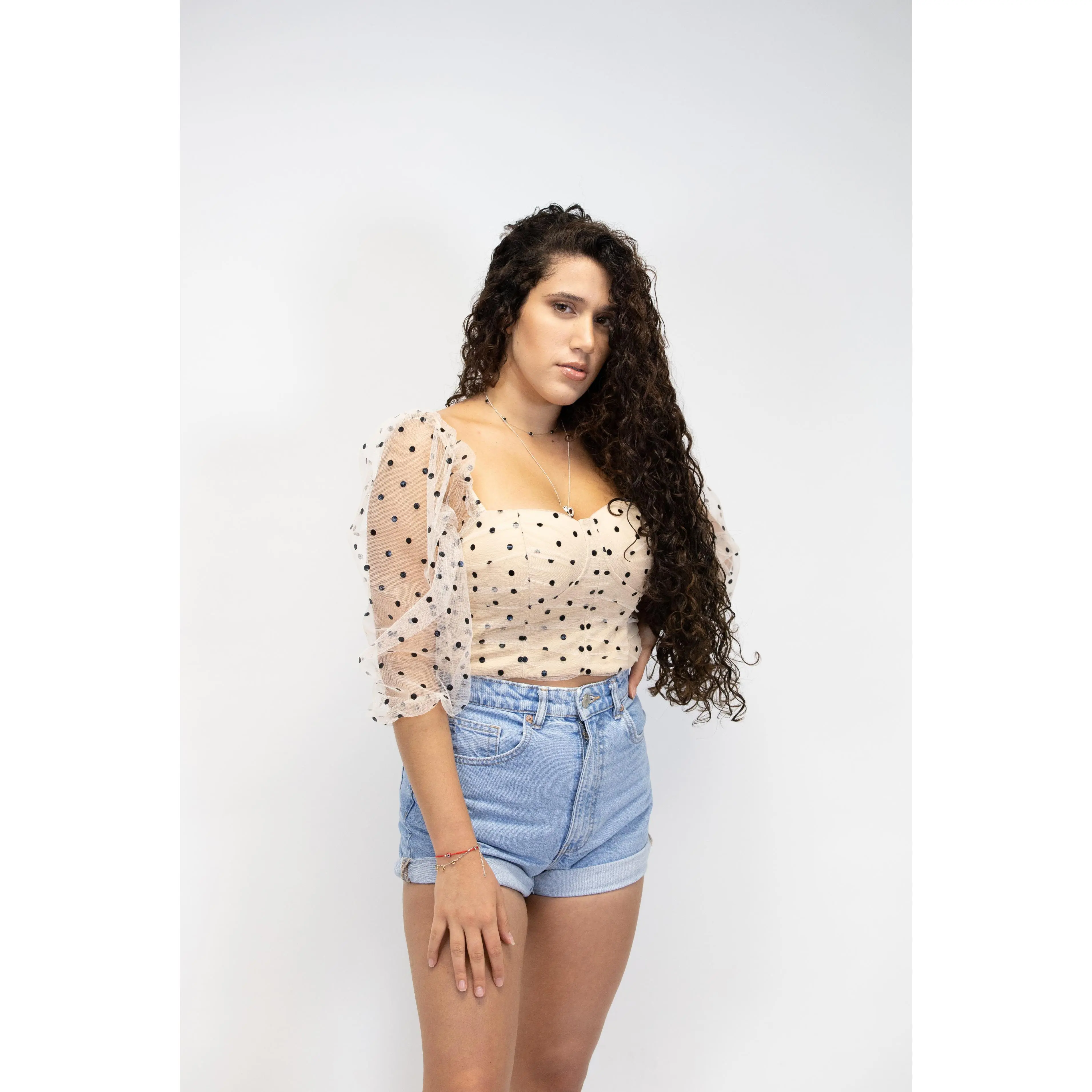 Mery Top with Polka Dots and Mesh Design