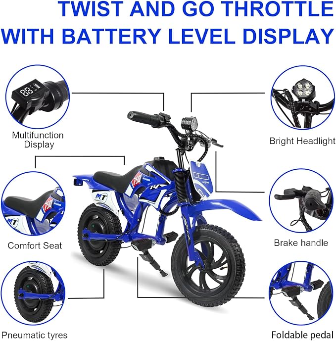 C6 Electric bike for Kids Ages 3-12, 200W Motor Up to 10 MPH, 7.5 Miles Long Range, Dual Disc Brakes & LCD Display, 25.2V 2600mAh Battery, 2-Hour Runtime, Sturdy Aluminum Steel Frame, Max Load 110 lbs, Unisex, Red/Blue