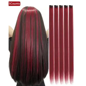5Counts Wine Red Hair Straight Extensions 20 inch Long Heat Resistant Synthetic Fiber Clip in Hairpieces for Christmas Party Cosplay Girls Women Favor Gift Highlighted