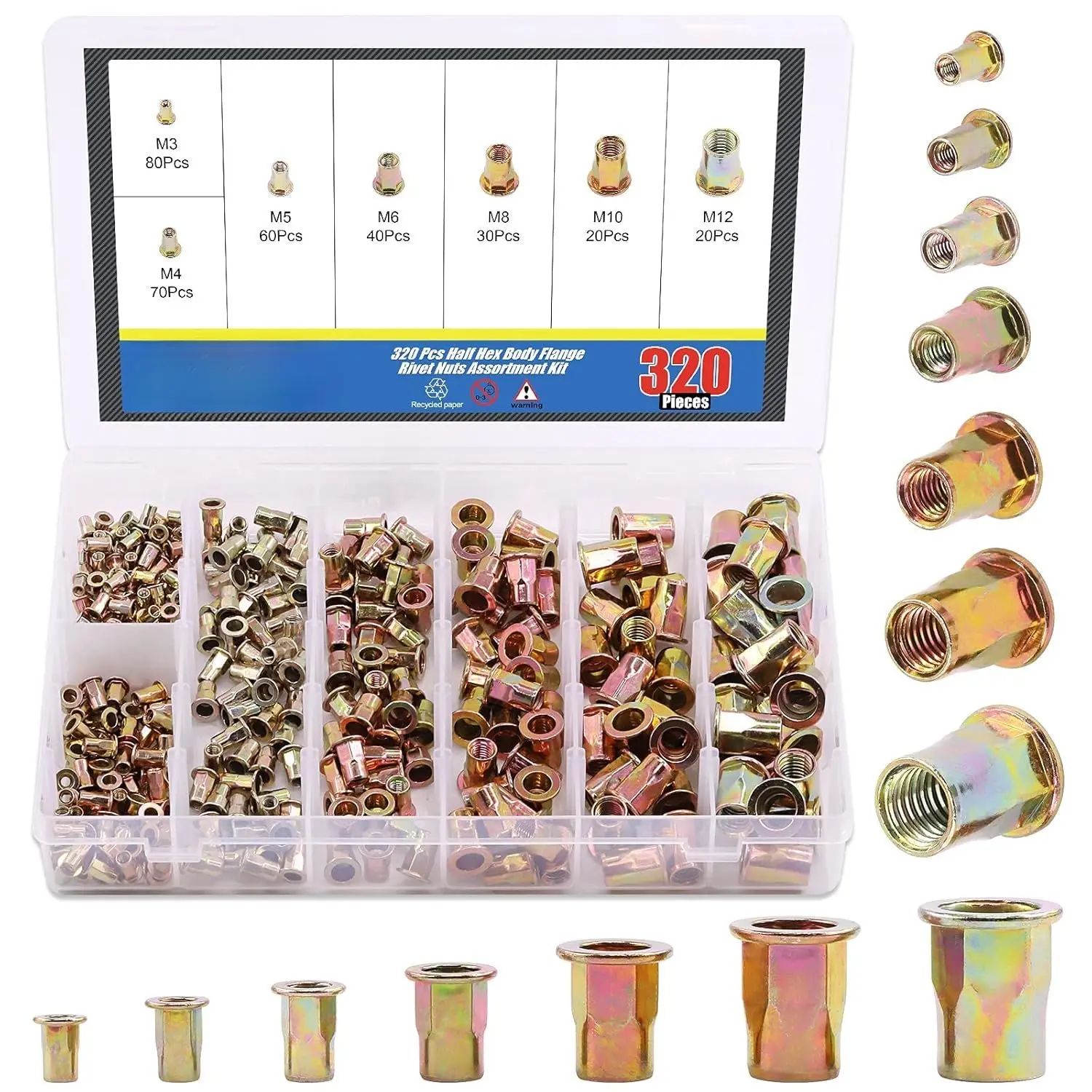 320 count M3 M4 M5 M6 M8 M10 M12 Half Hex  Flange Rivet Nuts Assortment Kit, Zinc Plated Carbon Steel Flat  Threaded Insert Nut Rivnut Set (Rivet Nut Set)