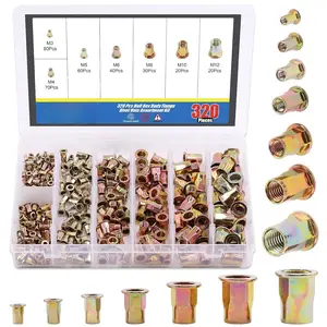 320 count M3 M4 M5 M6 M8 M10 M12 Half Hex  Flange Rivet Nuts Assortment Kit, Zinc Plated Carbon Steel Flat  Threaded Insert Nut Rivnut Set (Rivet Nut Set)
