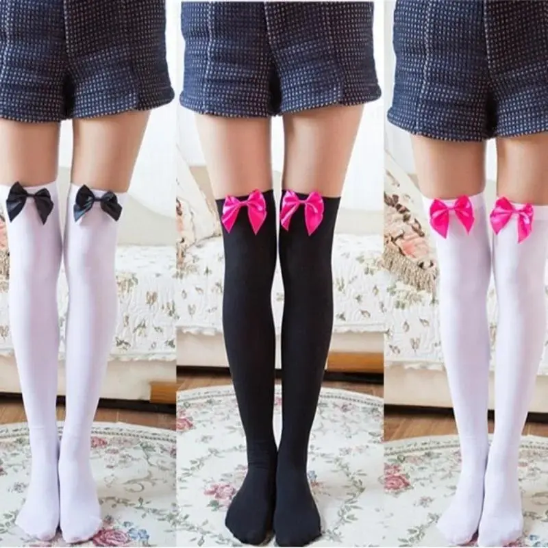 New Velvet Pink Bow Handmade Stockings Sweet Lolita Thigh High Sheer Over Knee Hosiery Japanese Anime COS Accesories Socks