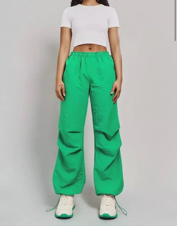 Green Parachute Pants - Cotton, Adjustable Waist, Loose Fit, Neon Green, Trendy & Comfortable, Perfect for Streetwear, Travel, or Casual Looks