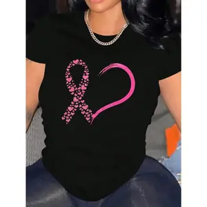 Breast Cancer Awareness Pink Heart Geometric Print Women's Casual T-Shirt Soft Stretch Round Neck Short Sleeve Comfortable All Season Wear