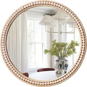 Antique  Round Wall Mirror 20", Ornate Beaded Metal Frame Mirror for Bathroom,   Circle Accent Mirror for Bedroom Living Room Entryway or  with Distressed Whitewashed Finish