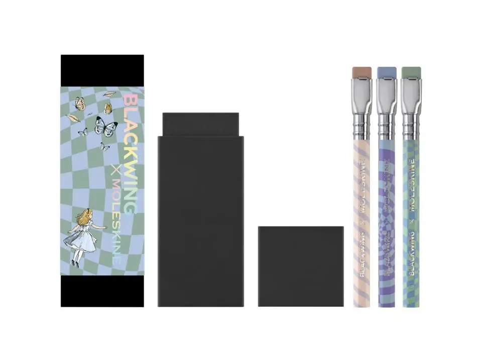 Moleskine x Blackwing Alice’s Adventures in Wonderland Limited Edition Collectible Stationery Set - 12-Piece Mini Compact 11.2 cm Incense-Cedar Wood Drawing Pencils, Firm Graphite, Refillable Erasers, Debossed Logo, Optical Illusions, Gift Boxed