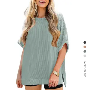 Danedvi Plus Size S-3XL Womens Oversized T Shirts Summer Casual Loose Fit Striped Knit Batwing Sleeves Tunic Tops Crewneck Blouse SpringStatements