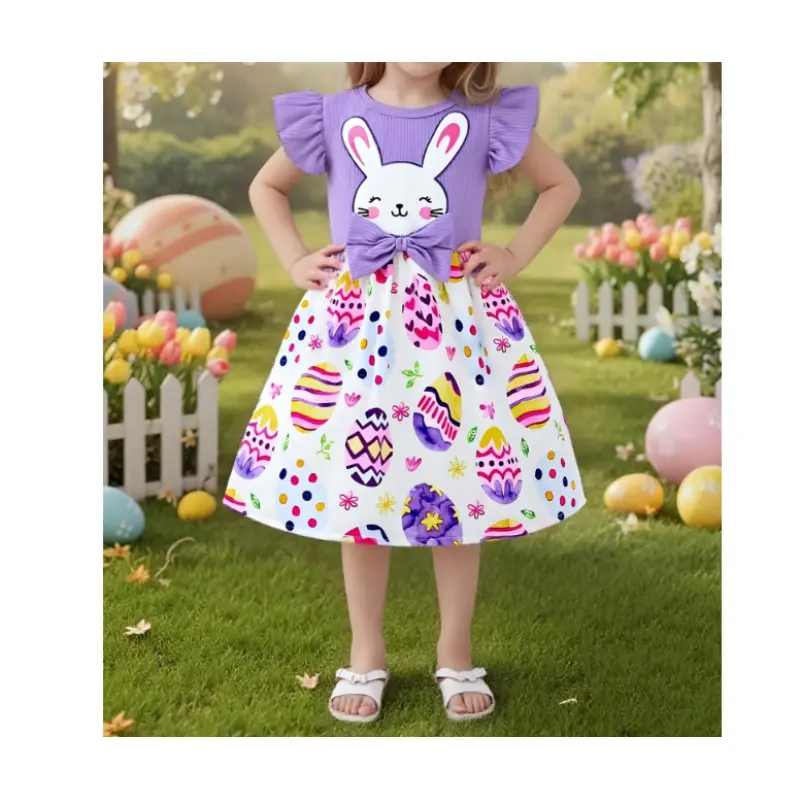 Toddler Girls Easter Bunny Dress, Purple Ruffle Flutter Sleeve Cartoon Rabbit Applique Front Bow Colorful Easter Egg Print Swing A-Line Kids Holiday Casual Sundress