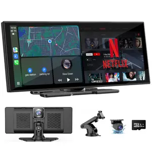 10.26" Wireless CarPlay Stereo with 4K Dash Cam – All-in-One Touchscreen, BT 5.0, FM, Voice Control, Includes 64GB Card & Rear Camera – Ideal for Rideshare, Commute & Family Safety