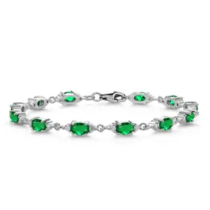 5.71 Cttw Green Nano Emerald and White Moissanite Tennis Bracelet For Women | 925 Sterling Silver | Gemstone Birthstone | Oval 6X4MM | 6.5, 7, 7.5 Inch