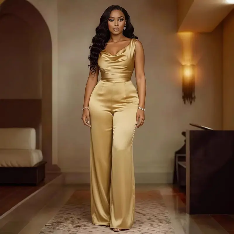 Women's 2026 New European & American Style Champagne Gold Satin Overalls - Sleeveless, Cowl Neck, Waist-Tight Wide-Leg Jumpsuit Womenswear Basic