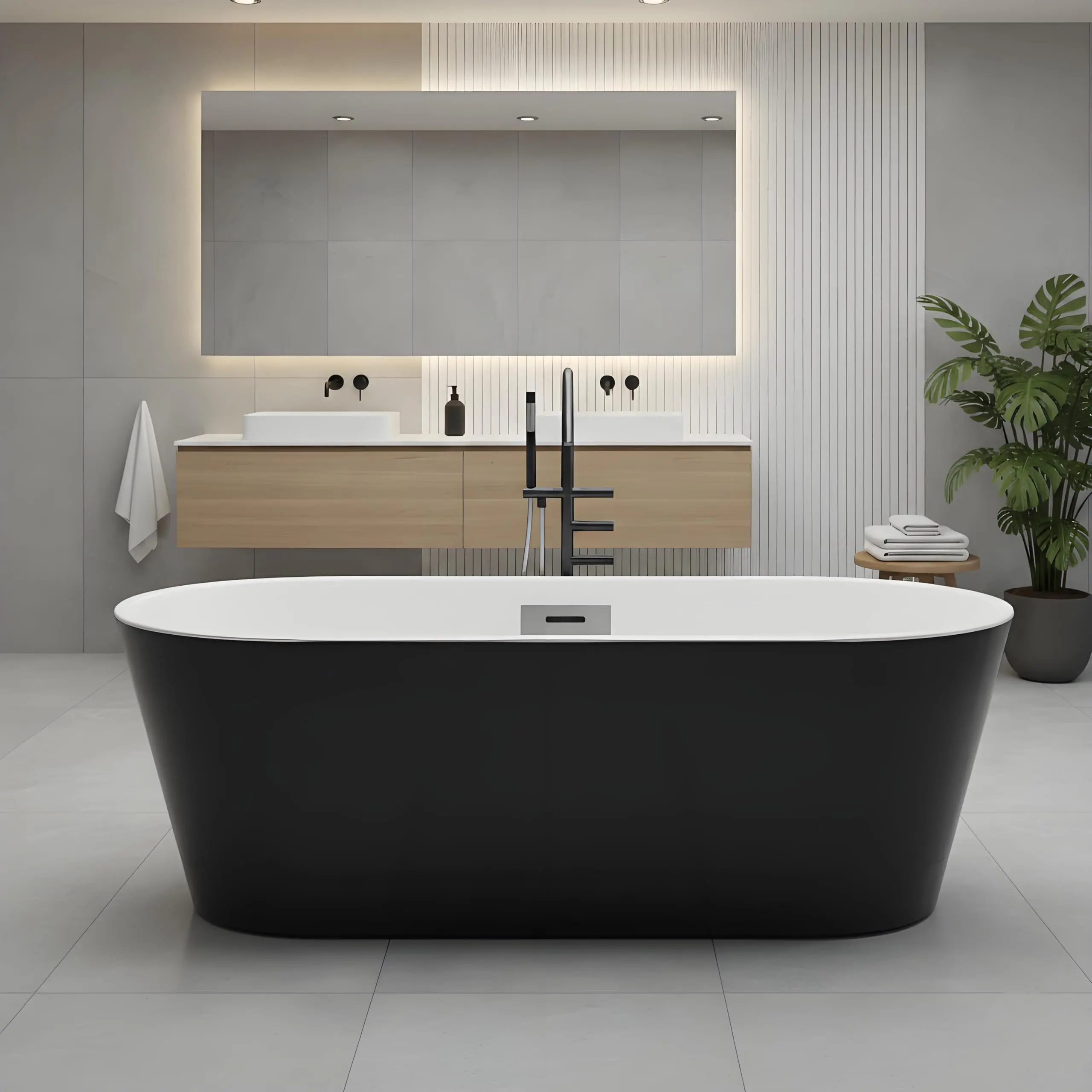 Garvee Freestanding Acrylic Bathtubs in Black & White, Available in 59 and 67 Inch Sizes, Featuring Deep Soaking Design, Integrated Overflow, and Chrome Drain for Modern Bathroom Remodels and Home Spa Upgrades