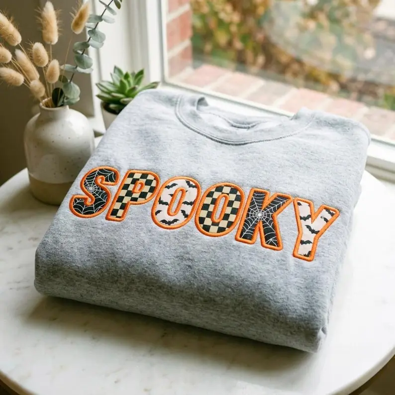 Spooky Halloween Applique Sweatshirt, Embroidered Checkerboard Spiderweb Crewneck, Cozy Fall Pullover