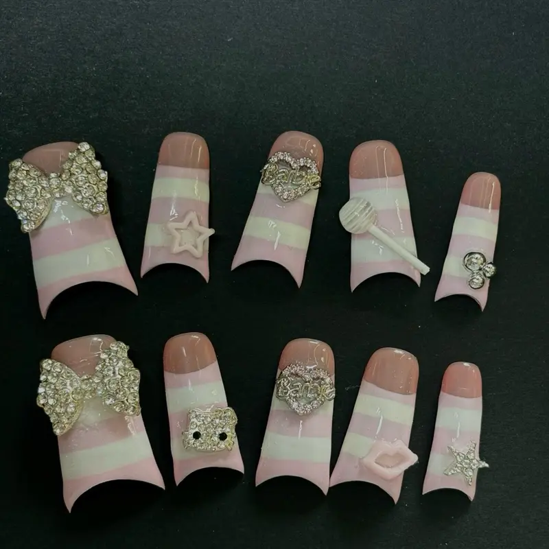 Pink White Stripe Pretty Girl Press On Nails with Rhinestone Bow and Star Design for Elegant Look
