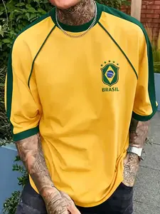 Men's Fashion Streetwear T-Shirt, Brasil Logo Graphic Comfortable Durable Casual Short Sleeve Round Neck, Indoor Outdoor Wear, Essential for Any Wardrobe