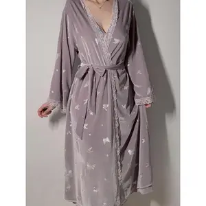 Women's Butterfly Print Contrast Lace Belted Velvet Robe, Casual Long Sleeve Dressing Gown, Ladies Sleepwear for Fall & WinterGift