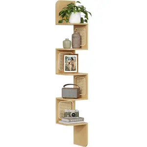 5-Tier Corner Shelf, Wall Mounted Floating Shelf, Zigzag Corner Shelf Unit, PVC Rattan Sides, Space-Saving, for Kitchen, Living Room, Bedroom, Boho Style, Oak Beige ULLS582Y57 Decor Ash Black