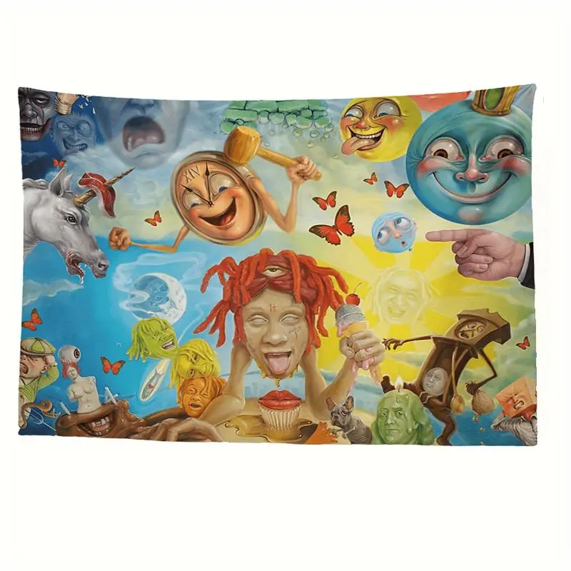 Festive Cartoon Faces & Expressions Linen Cotton Tapestry, Home Decoration Items for Bedroom Wall Decor, Whimsical Room Decor Lightweight Ideal Gift, Bright Print