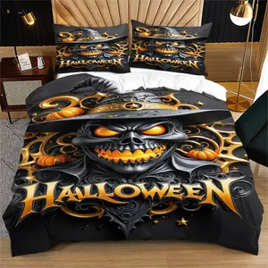 Halloween Witch Hat Bedding Set, Witch, Pumpkin, Skeleton, and Kitten – Perfect for Halloween Bedroom Decor Gifts, Includes 1 Bedding Cover and 1 or 2 Pillow Covers (No Quilt or Pillow Inserts Included)