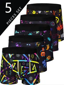 Men's Geometric Print Boxer Brief, Casual Comfy Breathable Underwear for Daily Wear, Mens Underwear for All Seasons, Polyester Boxer Briefs