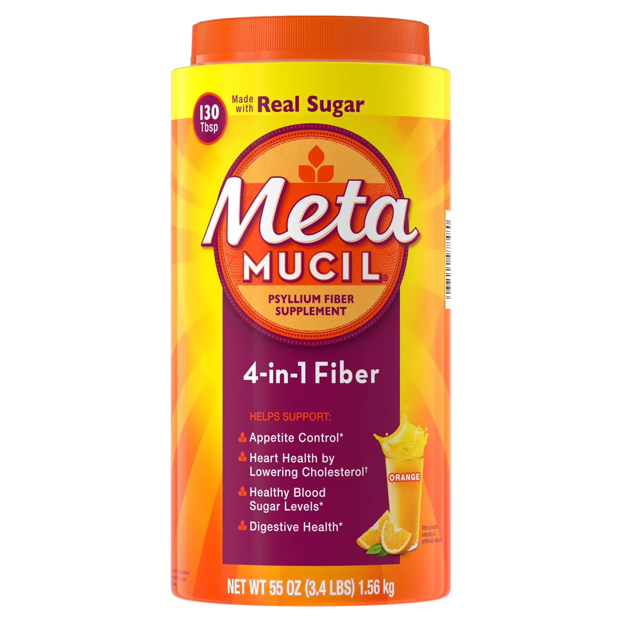 Metamucil GLP-1 Friendly Psyllium Fiber Supplement, Real Sugar Orange, 130 Servings Vitamin Healthcare