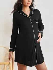 Maternity Contrast Piping Front Button Home Dress Loungewear Black Colorblock Letter Pattern Cozy Outfits for Spring Fall