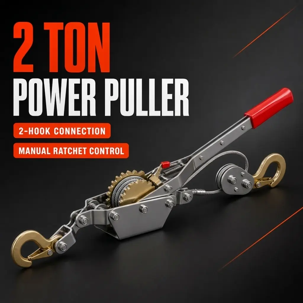 2-Ton Dual-Hook Power Puller (4000 lbs) - Heavy-Duty Manual Hand Winch with Dual Gear Ratchet, Steel Cable, Safety Hooks for Vehicle Recovery, Log Pulling - Automotive Mechanic Garage Tool Rope ratcheting straps