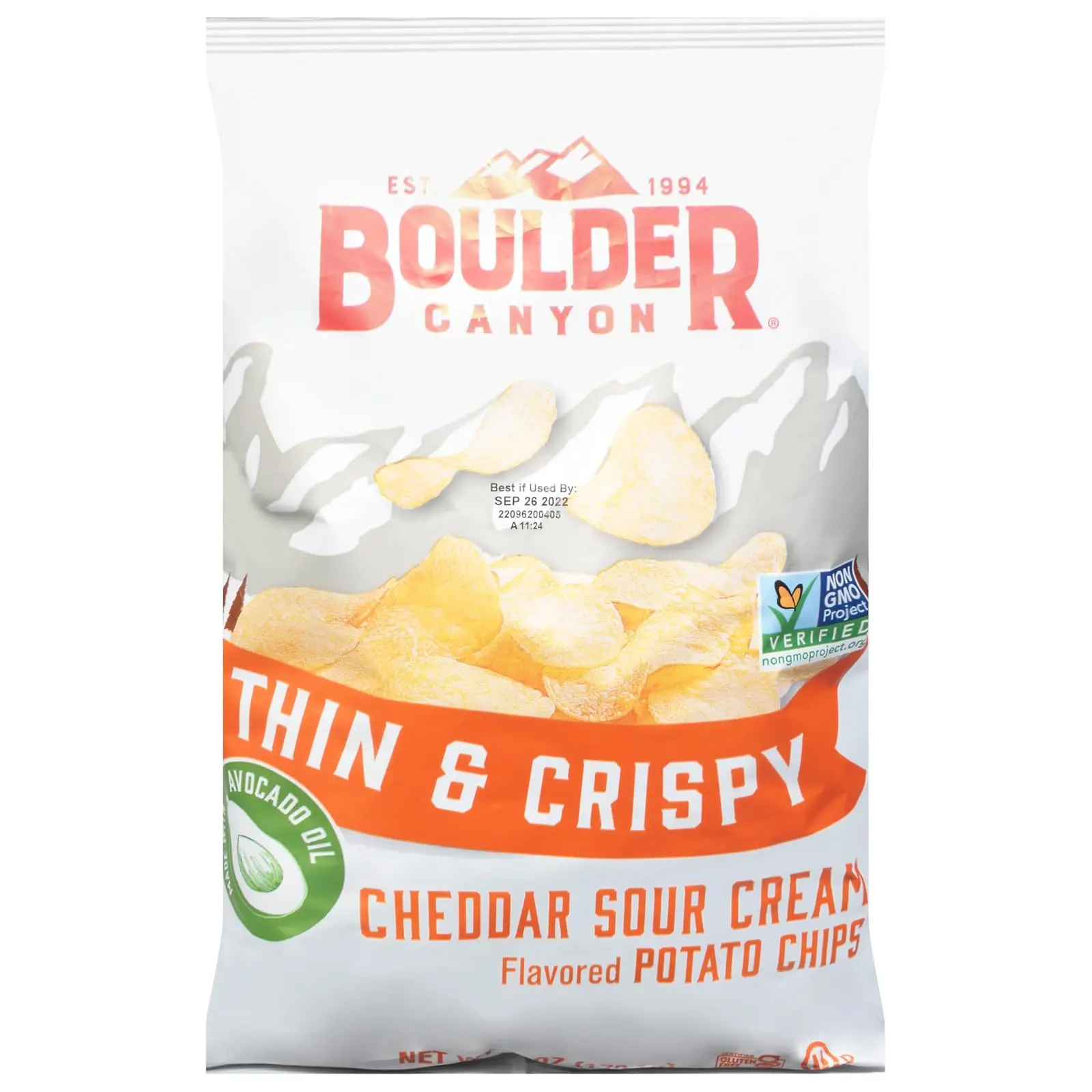 Boulder Canyon Thin & Crispy Cheddar Sour Cream Potato Chips - Avocado Oil, Whey-Infused, Tangy, Crunchy, Salty & Savory Ambient Sharing Snack, 6 oz (Pack of 1)