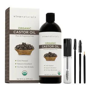 Viva Naturals Organic Castor Oil, Cold-Pressed, 16 fl oz – For Face, Hair, Eyelashes, USDA Organic, Non-GMO - With Beauty Kit