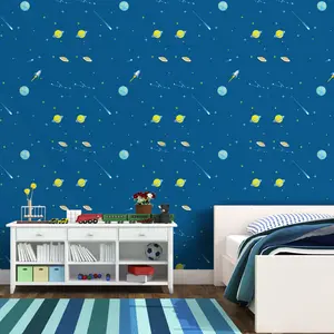 Cartoon Dark Blue Space Peel and Stick Self Adhesive Wallpaper - Waterproof Moisture-Proof Removable | Easy Clean & Install for Kids' Bedroom, Boys/Girls Room, Living Room Wall & Furniture Renovation PVC Sticker