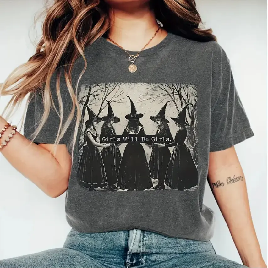 Halloween Witch Graphic T-Shirt for Women – Casual Short Sleeve Crewneck Tee – Lightweight Stretch Cotton Top for Summer