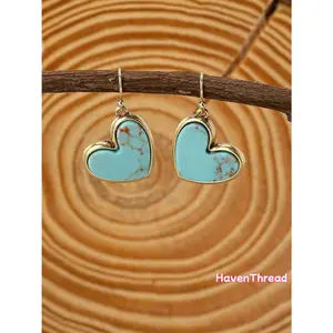 Vintage Boho Natural Turquoise Heart-Shaped Earrings (1 Pair) - Earrings for Women, Ideal Gift for Valentine's Day & Mother's Day, Earring For Women