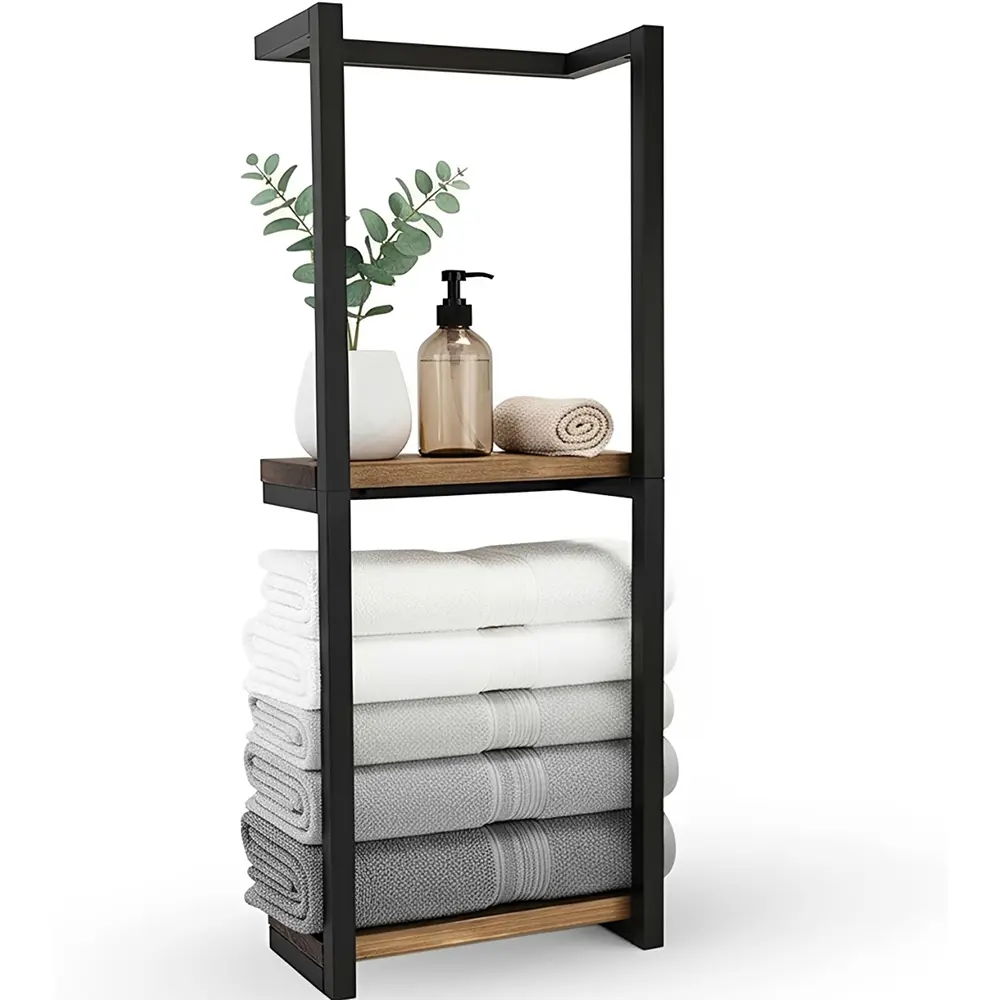 2-Tier Wall Mounted Towel Rack - Space-Saving Bathroom Storage Shelf, Modern Bathroom Accessories Organizer with Easy Installation for Home Decor