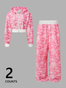 Women's Camo Hoodie Set, Casual Loose-Fit Two-Piece, Comfortable Drawstring Pants, Spring & Fall Fashion Combo