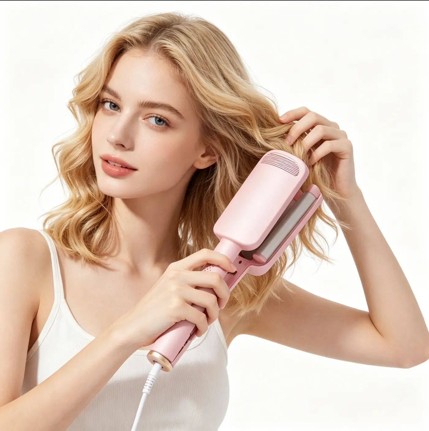Wave curling iron, anti-scald, 3-barrel ionic design, 32 mm barrel, fast heating, 4 temperature settings, ceramic hair waver for wide, deep waves, silicone comfort grip, adjustable
