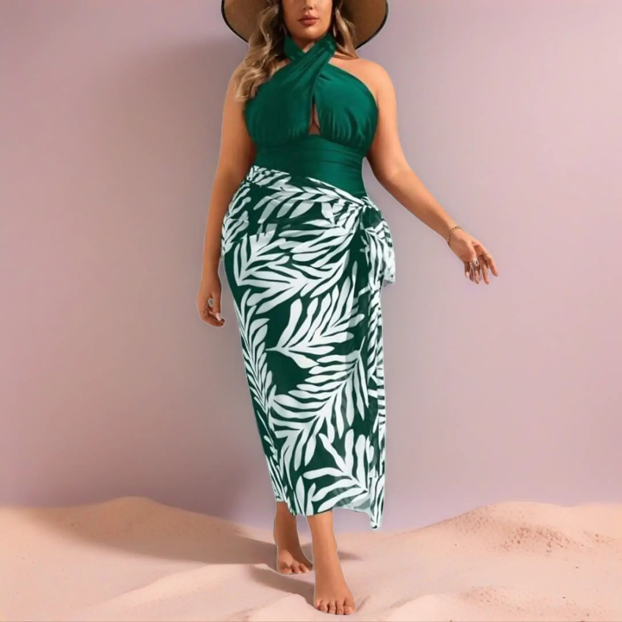 Emerald Halter Swimsuit For Women With Zebra Print Cover-Up; Cutout One Piece Bathing Suit; Stylish Two Piece Swimwear Set; Tropical Vacation Beach Outfit; Halter Neck Swimsuit, One Piece Swimsuit
