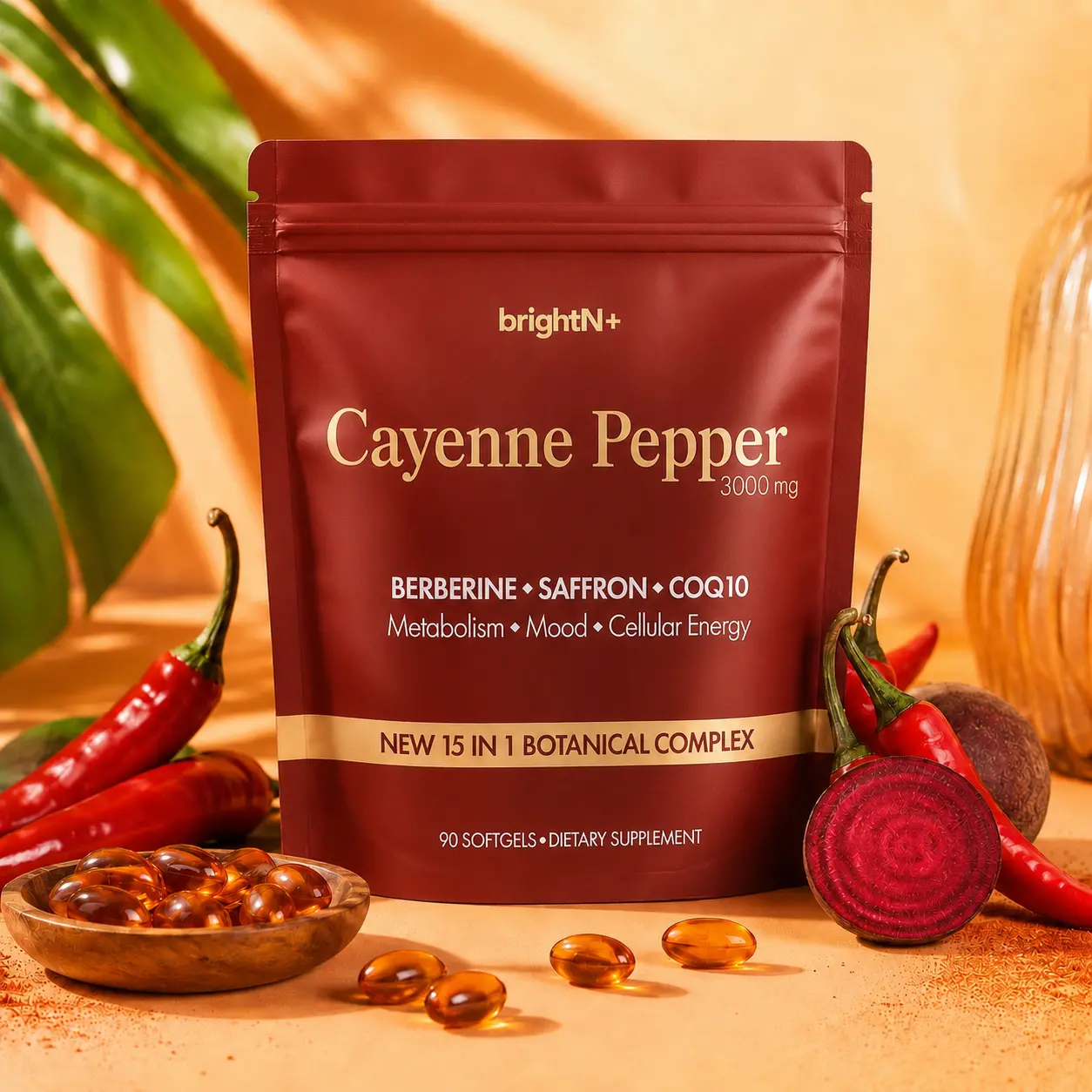 brightN+ Cayenne Pepper 3000mg - Softgels Supplement - 90 Count (30 Day Supply) - Circulation, Heart Health, Leg Vein, Blood Vessel Health, Energy, 15-in-1 Botanical Complex with Berberine, Saffron, D3+K2