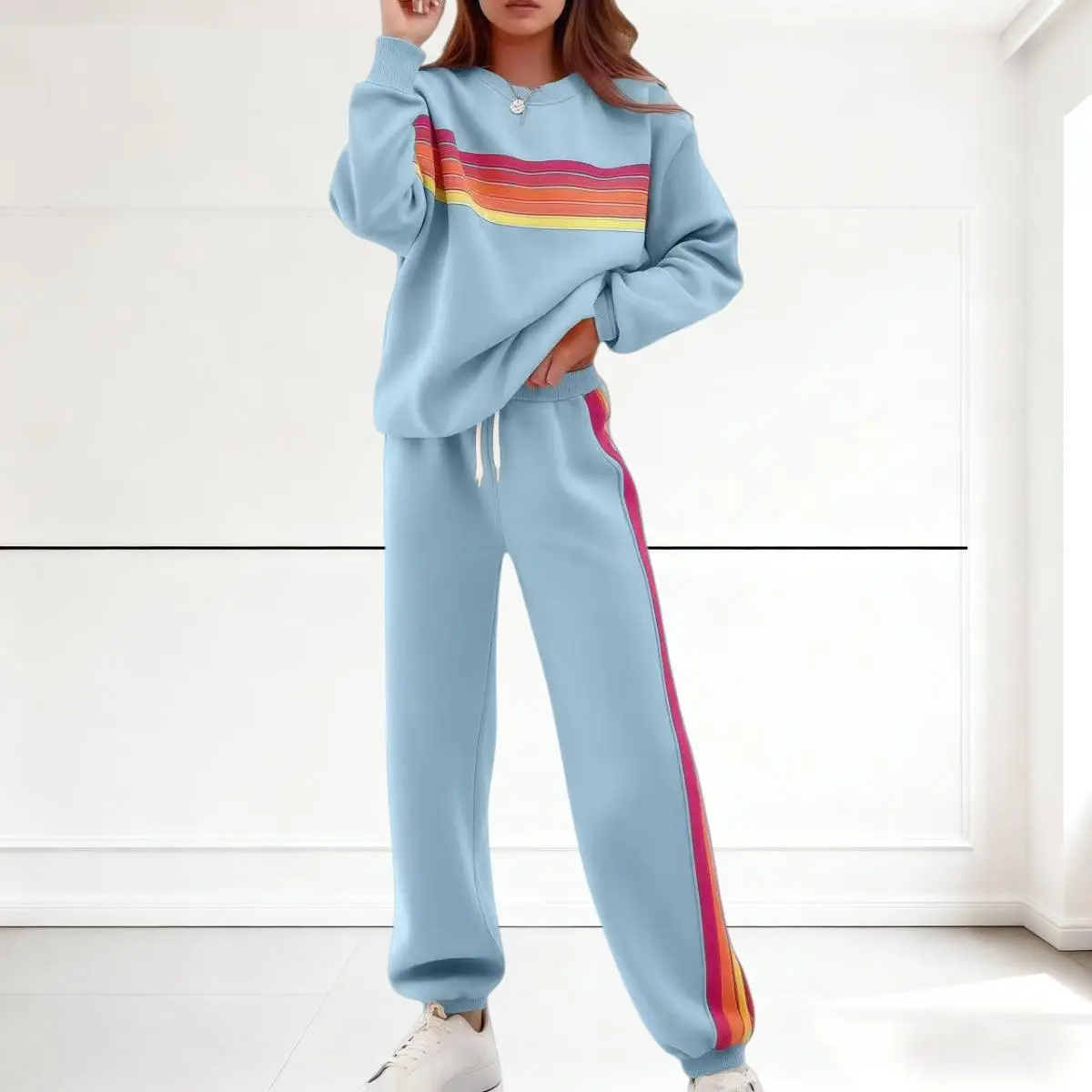 Women's 2-Piece Hoodie Set, Oversized Rainbow Stripe Loungewear with Long Sleeves, Smooth Stretchy Polyester Fabric, Vibe, Fit