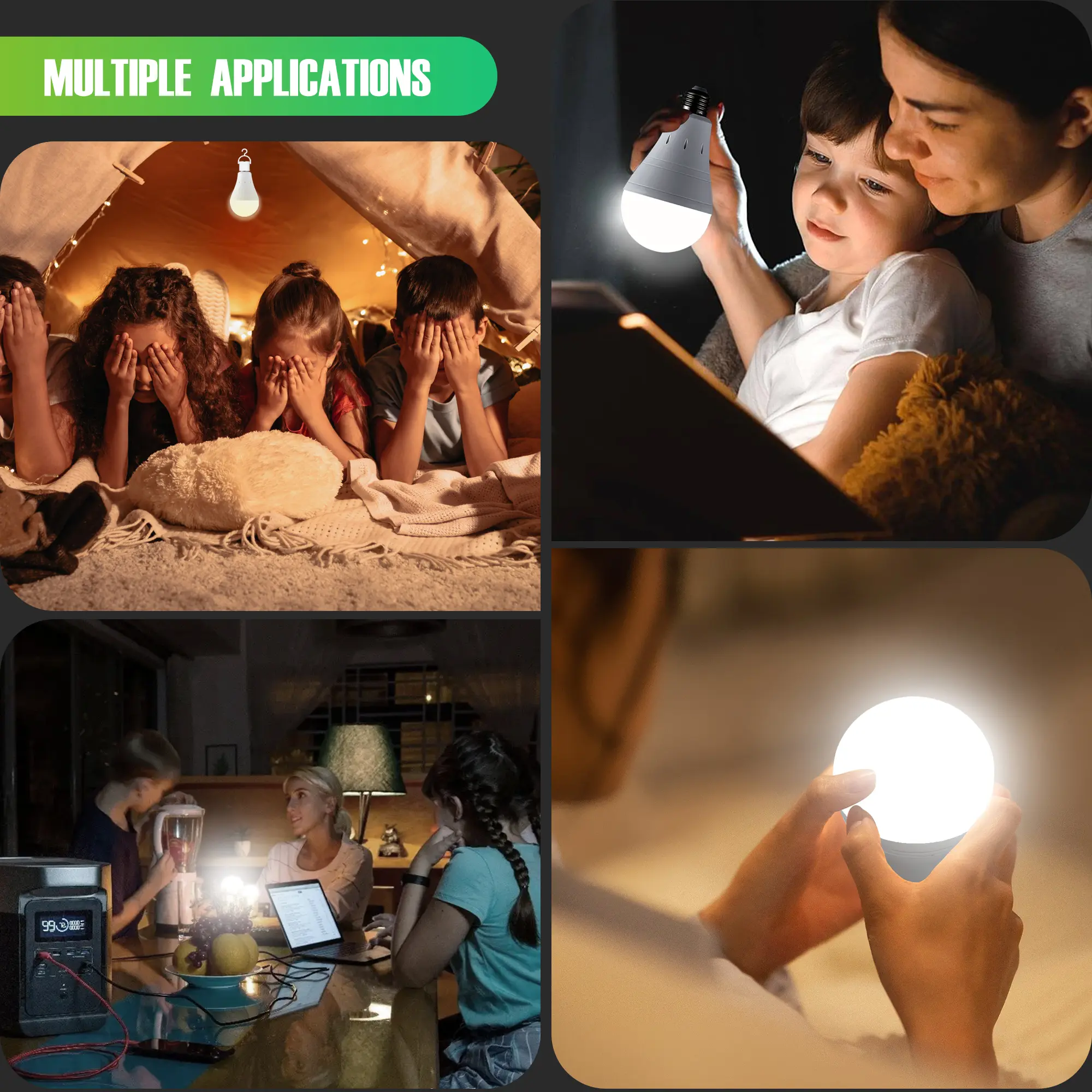 DEBAOBULB 可充电应急灯泡，电池供电 LED 灯泡，6000K 日光色温，E26 灯头，120 伏，9 瓦，相当于 60 瓦白炽灯，1200mAh 电池，适用于家庭停电、露营、飓风等紧急情况。