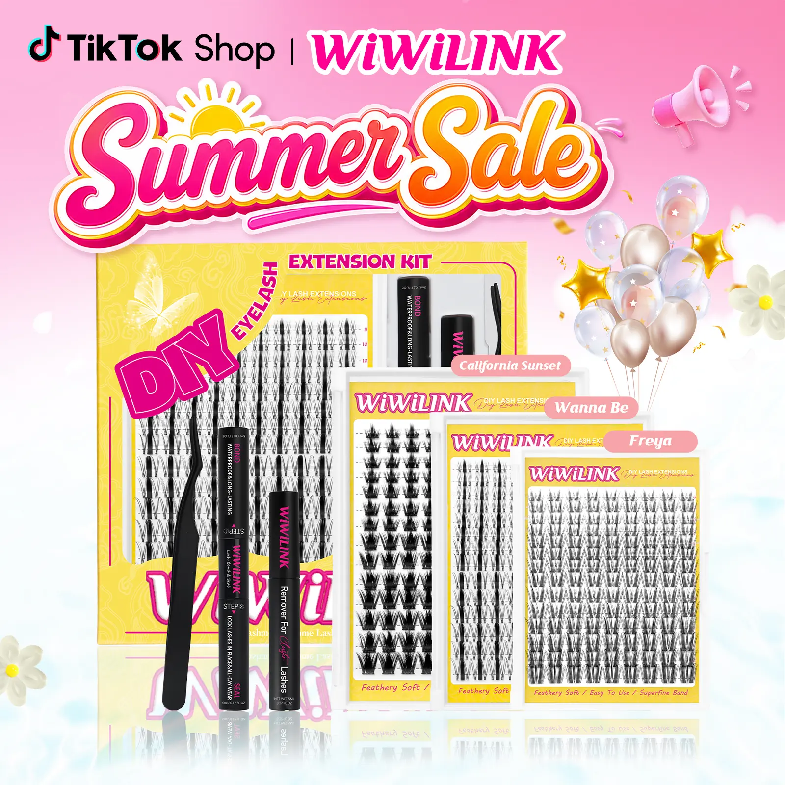 WiWiLink Sunset Wanna Be Freya Manga Lashes Cluster C D Curl DIY Lash Extension Kit and Lash Clusters 8-18mm with Bond Seal and Remover - Ultra-Thin Transparent Bands, Lash Magic Anime False Lash Extension Kit Makeup Cosmetic Makeup Individual Eyelash