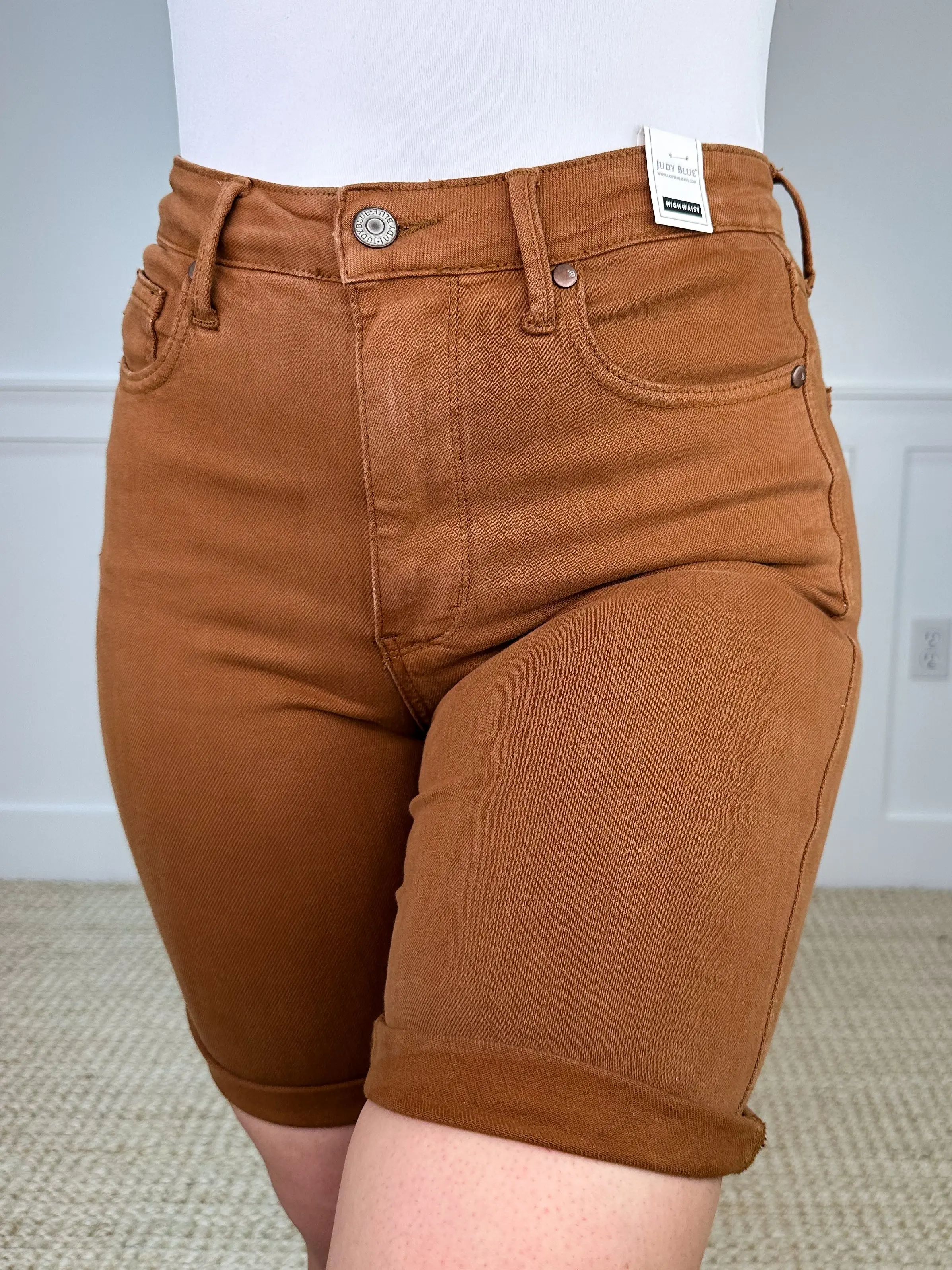 Judy Blue Tess Brown Tummy Control Jean Shorts for Women, High Rise Non-Distressed Stretch Cotton Spandex Bermuda Shorts, Bottom, Everyday, Fabric, Polyester, Plus Size Tummy Flattering Clothes, Stretch Shorts